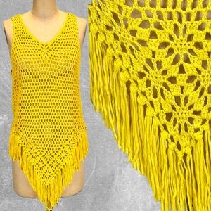 Sunshine yellow crochet open hole fringe tank top tunic sleeveless beachy hippie